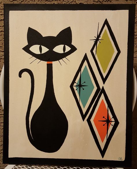 Atomic Cat Tattoo, Atomic Cat Art, Atomic Kitty, Modern Cat Art, Atomic Art, Cat Art Painting, Mid Century Modern Artwork, Atomic Cat, Mid Century Cat