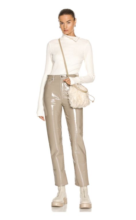 Beige Pants Outfit, Patent Leather Pants, Leather Pants Outfit, Beige Pants, Turtleneck Top, Turtle Neck Top, Kpop Outfits, Pants Outfit, Outfit Of The Day