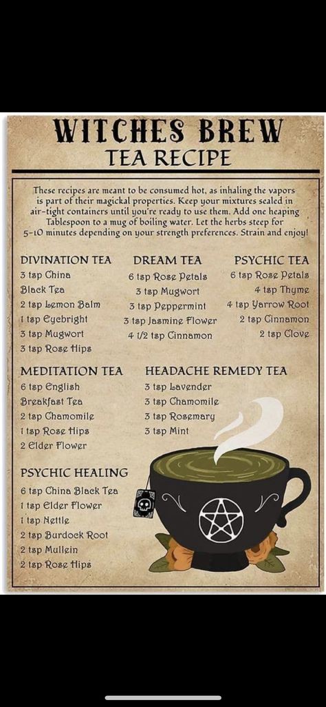 Healing Tea Recipes, Tea Blends Recipes, Wicca Recipes, Kitchen Witch Recipes, Potions Recipes, Dream Tea, Healing Tea, Kitchen Witchery, Witchcraft Spell Books