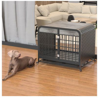 Sweet dog house, pet's little world. Suitable for all seasons, stable and durable. Spacious space, easy to clean design, multiple vents, keep air circulation, love pet more healthy. | 17 Stories Dog Crate Furniture Wooden Table Pet Dog Cage gray/Black, Manufactured Wood;Steel | C111698585_665988642_665988645 | Wayfair Canada Heavy Duty Dog Crate, Cat Crate, Dog Cage, Dog Crate Furniture, Crate Furniture, Dog Cages, Pet Crate, Dog Furniture, Dog Kennel