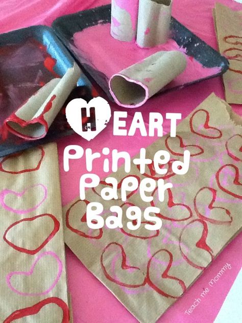 Heart printed paper bags Printed Paper Bags, Valentines Day Bags, Kindergarten Valentines, Print On Paper Bags, Preschool Valentines, February Valentines, Toddler Valentines, Valentine Activities, Valentine Crafts For Kids