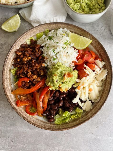 Tofu Burrito Bowls - Something Nutritious Tofu Burrito, Tofu Crumbles, Fajita Veggies, Homemade Tofu, Fajita Bowls, Vegetarian Meal Prep, Burrito Bowls, Lime Rice, Homemade Guacamole