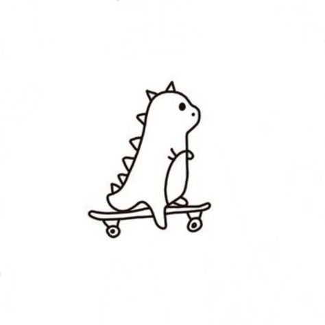 Stick And Poke Tattoo Dinosaur, Dino On A Skateboard Tattoo, Cute Dinasour Tatoos, Cartoon T Rex Tattoo, Dinosaur On A Skateboard Tattoo, Dinosaur Skateboarding Tattoo, Dino Stick And Poke, Funny Dinosaur Tattoo, Dino On Skateboard