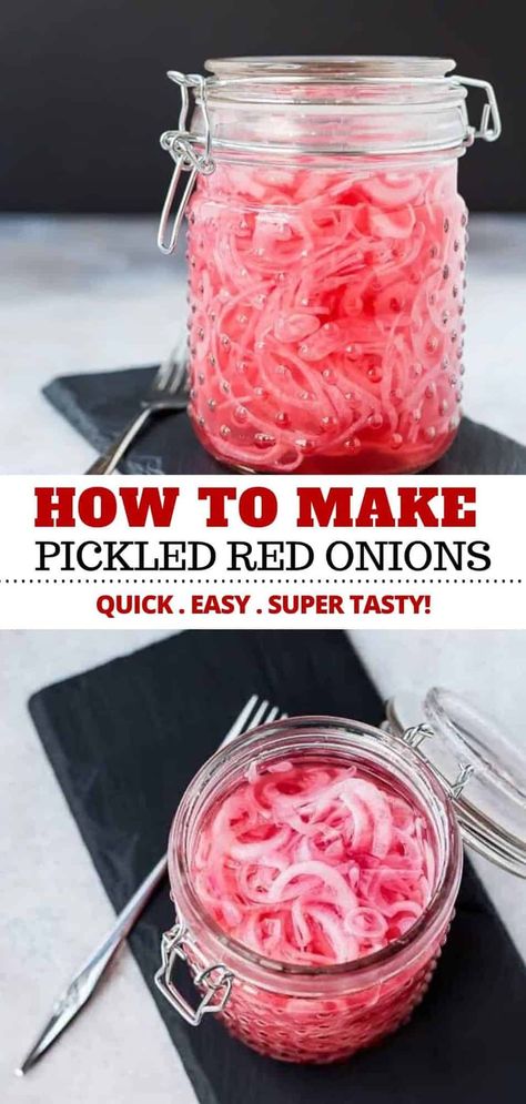 Learning how to make quick pickled red onions is SO easy! This recipe is the best and only takes five minutes and you probably have all the ingredients! You’ll love having a jar of these in your fridge for tacos, avocado toast, and more! #pickled #redonions #easy #topping