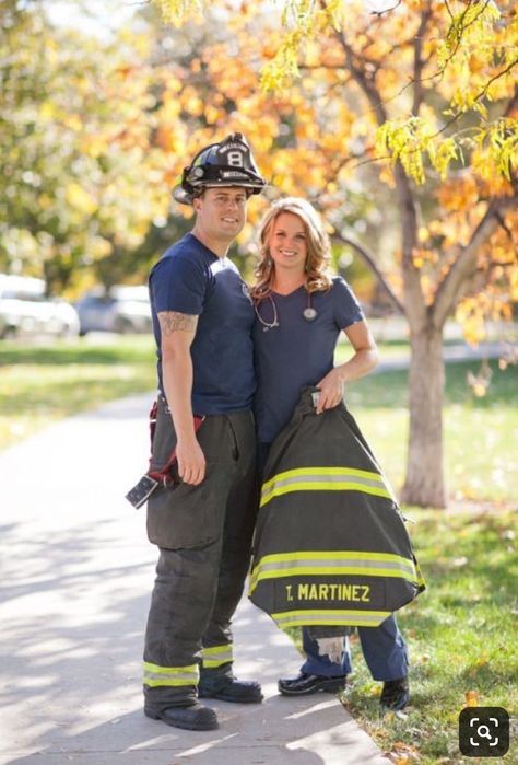 Firefighter Couple Pictures, Firefighter Wedding Photos, Uniform Photography, Firefighter Engagement Pictures, Casual Pictures, Firefighters Calendar, Firefighter Couple, Firefighter Engagement, Fire Pictures