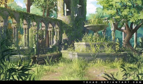 ArtStation - The foutain, Sylvain Sarrailh Forest Ruins, Western Spaghetti, Fantasy Images, Fantasy Places, Fantasy Setting, Ghibli Art, Landscape Scenery, Fantasy Art Landscapes, 판타지 아트