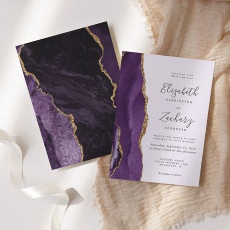 Modern Pale Purple Gold Agate Wedding Invitation Dark Wedding Invitations, Lavender Wedding Invitations, Marble Invitation Wedding, Ivory Wedding Invitations, Plum Wedding, Agate Wedding, Elegant Modern Wedding, Wedding Rehearsal Dinner Invitations, Marble Wedding