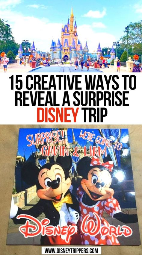 15 Creative Ways To Reveal A Surprise Disney Trip Disney Vacation Announcement, Going To Disney Christmas Present, What To Put In A Disney Surprise Bag, Disney Vacation Surprise Reveal, Disney Trip Announcement Ideas, Disney Trip Christmas Reveal, Surprise Disney Trip Ideas, Disney Reveal Box Ideas, Surprise Kids With Disney Trip Ideas