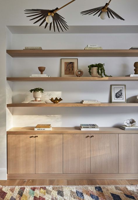 Open Shelving In Office, Home Office Wood Shelves, Home Office Open Shelving, Maple Built Ins, New And Old Interior Design, Built In Bookshelves With Storage, Living Room Wall Shelving, Japandi Built In, Scandinavian Built Ins