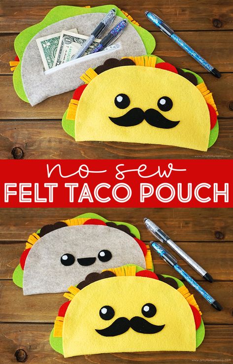 No-Sew Felt Taco Pouch #felt #feltcrafts #kuninfelt #nosew #pencilpouch #diycrafts #freepattern #kidscrafts #backtoschool #schoolcrafts #teencrafts #kidsactivities #teenactivities #taco #tacocrafts #tacotuesday #tacos #feltfood #nosewcrafts #diyschoolsupplies Felt Tacos Diy, Fabric Crafts For Kids No Sew, Felt Coin Purse Diy, No Sew Felt Crafts, No Sew Crafts, Felt Taco, Felt Crafts Kids, Felt Wallet, Sew Felt