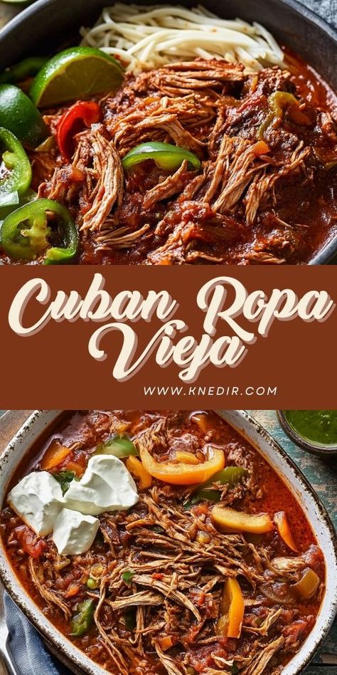 🥘 Transport your taste buds to Cuba with Authentic Ropa Vieja, a savory shredded beef stew simmered in a rich tomato sauce with bell peppers and onions. This hearty dish is perfect for family dinners or special occasions. Pair it with white rice, beans, or plantains for a complete Cuban feast. 🌴✨ Easy to make and packed with bold flavors! #CubanFood #RopaVieja #BeefStew #LatinCuisine #EasyDinnerIdeas #ComfortFood #FlavorfulRecipes ❤️ Shredded Beef Stew, Cuban Ropa Vieja, Ropa Vieja Recipe, Chicken Breast Crockpot Recipes, Crockpot Chicken Breast, Rice Beans, Crockpot Dishes, Shredded Beef, Cuban Recipes