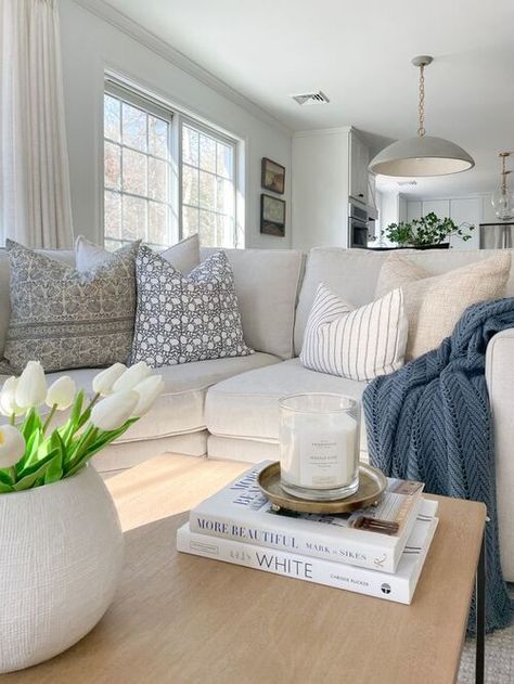 27 Neutral Coastal Living Room Ideas to Refresh Your Home Sectional Throw Pillows, Pottery Barn Sectional, Neutral Coastal Living Room, Cozy Coastal Living Room, Coastal Living Room Ideas, Modern Coastal Living Room, Minimalistic Decor, Cozy Sofa, Coastal Living Rooms