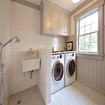 But wouldn't a dog bonk his head on that sink? Transitional Laundry Room, Grey Laundry Rooms, Laundry Room/mudroom, Subway Tile Showers, Laundry Room/mud Room, Dog Washing Station, White Laundry, Mudroom Laundry Room, Laundry Room Remodel