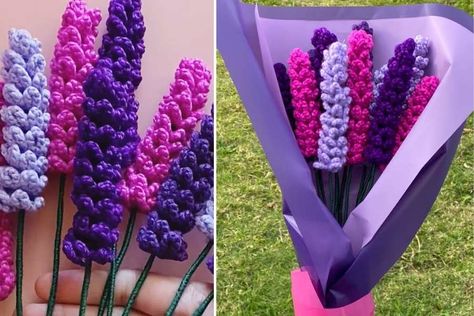 How to Crochet Lavender Flower Bouquet Crochet Lavender Flower, Free Crochet Bookmark, Lavender Flower Bouquet, Owl Crochet Pattern Free, Crochet Lavender, Heart Plant, Poncho Patterns, Crochet Succulent, Crochet Flower Bouquet