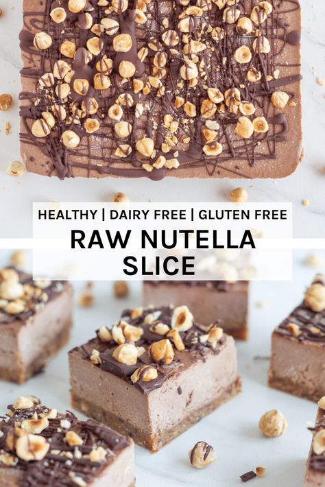 Raw Nutella slice. This delicious no-bake bar is made with my version of the super popular choc nutty spread but with way less sweetener (non-refined too) plus it is super easy to make. Nutella Slice, Raw Dessert Recipes, Raw Vegan Desserts, Raw Cake, Healthy Sweet Treats, Raw Recipes, Raw Desserts, Dairy Free Gluten Free, Slices Recipes