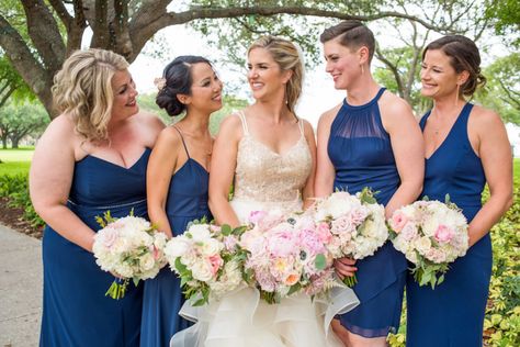 Outdoor Garden Bridal Portrait with Cream Sequin Ball Gown Wedding Dress and Blue Mismatched Bridesmaids Dresses and Pink Peony and White Rose Bouquets with Greenery Blue Mismatched Bridesmaids, White Rose Bouquets, Garden Bridal Portraits, Mismatched Bridesmaids Dresses, Waterfront Wedding Ceremony, St Pete Wedding, Sequin Ball Gown, White Rose Bouquet, Mismatched Bridesmaids