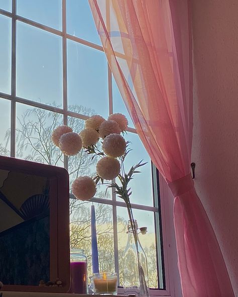 Mesh curtains ethereal pink pom pom flowers candle home decor Pink Curtains Aesthetic, Pink Light Curtain, Sheer Pink Curtains, Pink And Black Sheer Curtains, Curtains Styles Ideas, Curtain Styles Ideas, Pink Fairy Light Curtain, Curtain Hangers, Pom Pom Flowers