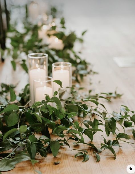 Candles Down Ceremony Aisle, Eucalyptus Pillar Candle Centerpiece, Fern Lined Wedding Aisle, Candles And Greenery Aisle, Greenery Aisle Wedding, Green Foliage Wedding Decor, Wedding Ceremony Greenery, Aisle Greenery, Ceremony Greenery