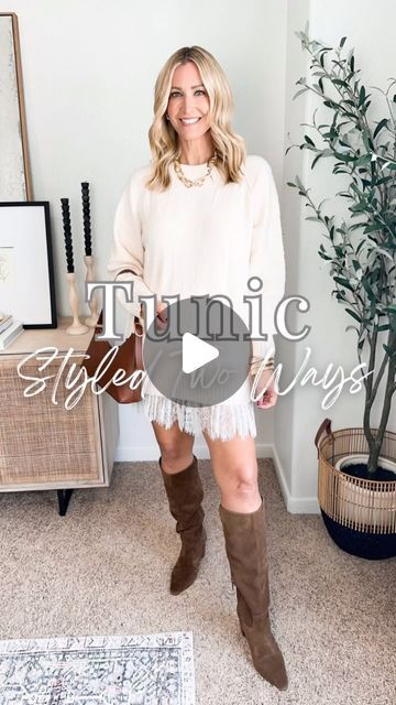 Sara Oberton on Instagram: "Comment TUNIC & Ill send you outfit details on the softest tunic sweater

Style 1: Pair the tunic with a lace slip skirt to add length & texture. This slip skirt would also be cute with an oversized tee & cowboy boots for a country concert

Style 2: Take it casual with leggings, sneakers & a great tote. This would also make a great travel outfit

#fallfashion #fallstyle #falloutfits #fallvibes #fallmomstyle" Oversize Sweater And Skirt Outfit, Sweater With Slip Skirt, Lace Skirt And Sweater Outfit, Lace Slip Skirt Outfit, Sweater With Skirt Outfit, Country Concert Style, Tunic Sweater Outfits, Lace Slip Skirt, Slip Skirt Outfit