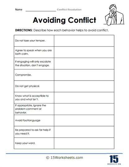 Avoiding Conflict Worksheet - 15 Worksheets.com Conflict Resolution Activities For Kids, Conflict Avoidance, Growth Activities, Worksheet 3rd Grade, Colors Worksheet, Avoiding Conflict, Conflict Resolution Activities, Conflict Resolution Worksheet, Anger Worksheets