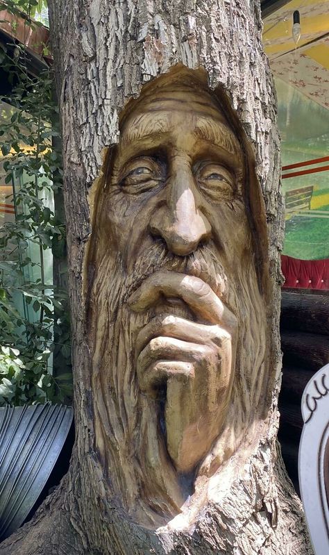 Motorcycle Art Painting, Chainsaw Wood Carving, Wood Carving Art Sculpture, Weird Trees, Wood Carving Faces, Ceramic Sculpture Figurative, Wood Carving For Beginners, Face Carving, Tree Faces