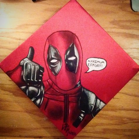 Custom Deadpool Senior Cap. Sunflower Graduation Cap, Painted Grad Cap, Cap Inspiration, Grad Cap Design, Grad Cap Ideas, Funny Graduation Caps, Creative Graduation Caps, College Grad Cap Ideas, Graduation Cap Decoration Diy