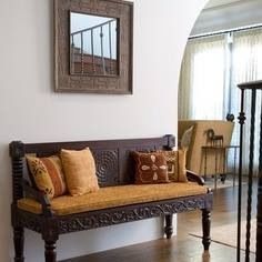 #RusticHome #Bench #SanDiego Ottoman Seating, Mediterranean Furniture, Mediterranean Living Room, Carved Sofa, Carved Bench, African Interior Design, African Furniture, Colonial Interior, Mediterranean Living