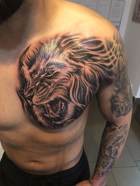 Men Chest And Shoulder Tattoo, Arm Chest Tattoo Men, Chest Arm Tattoo Men, Chest To Arm Tattoo Men, Chest To Shoulder Tattoo Men, Lion Chest Tattoo Men Ideas, Man Chest Tattoo, Lion Chest Tattoo Men, Evil Lion Tattoo