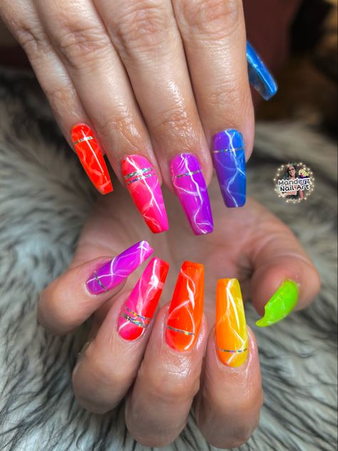 Neon Marble Nail Designs, Powder Nails Designs, Pigment Powder Nails, Weird Nails, Rainbow Marble, Pride Nails, Rainbow Nails Design, Rainbow Nail Art, Rainbow Nail