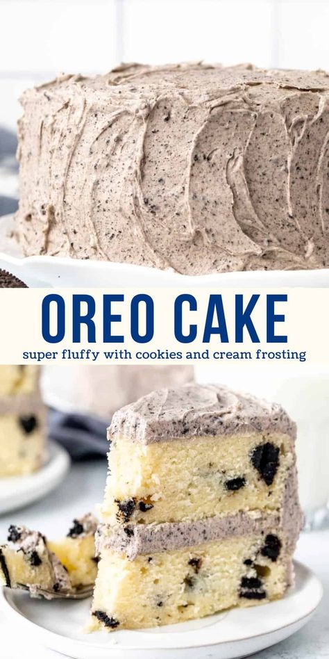 This Oreo cake is fluffy, delicious and perfect for cookies and cream lovers. It has layers of moist vanilla cake with Oreo pieces mixed into the batter. The Oreo frosting is absolutely to die for - super creamy and with the perfect Oreo flavor. This cake is made entirely from scratch and can be made as a 2-layer, 3-layer or 9x13 inch cake. #oreocake #layercake #cookiesandcream #recipe #cookiesandcreamcake from Just So Tasty Cake For Party, Cake With Cookies, Cookies And Cream Frosting, B Day Cake, Moist Vanilla Cake, Cookies And Cream Cake, Oreo Recipes, Oreo Dessert, Oreo Cake