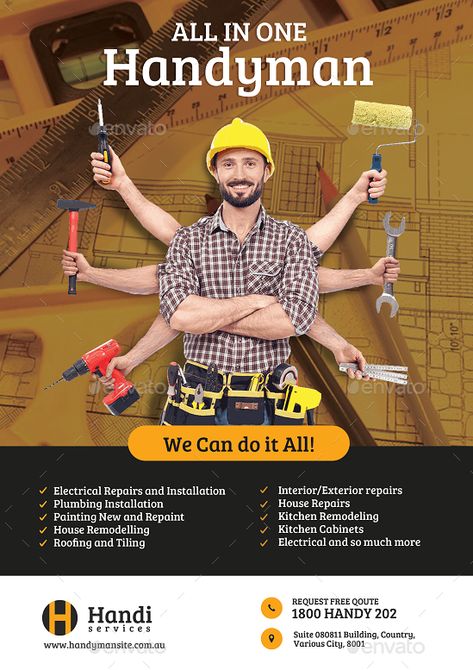 Handyman Promotional Flyer #Handyman, #Promotional, #Flyer Handyman Advertising, Handyman Poster, Handyman Flyer, Handyman Logo, Handyman Business, Carport Plans, Water Heater Repair, Construction Logo Design, Handy Man