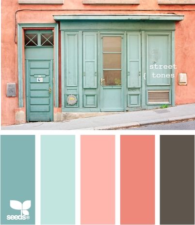 Color Palette | soft, coral and sea foam green    walls the lightest teal with accent pillows and decor. maybe add in yellow and purple too. Green House With Pink Door, Coral Exterior House Colors, Tropical Courtyard, Design Seed, Choosing Paint, Design Seeds, Guest Bedrooms, Seafoam Green, Colour Schemes