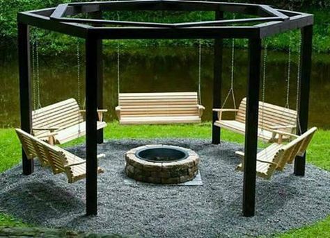 Amazing firepit idea-- with the best seats ever! Diy Fire Pit Ideas, Moderne Have, Fire Pit Swings, Fire Pit Seating, Interior Minimalista, Diy Fire Pit, Backyard Fire, Cool Ideas, Swing Set