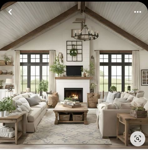 Family Room With Beams And Fireplace, English Modern House Interiors, Living Room With Pitched Ceiling, High Ceiling Living Room Modern Open Spaces Big Windows, Big Farmhouse Living Room, Great Room Design Ideas, Dream Farmhouse Living Room, Farmhouse Living Room With Fireplace, New England Style Living Room