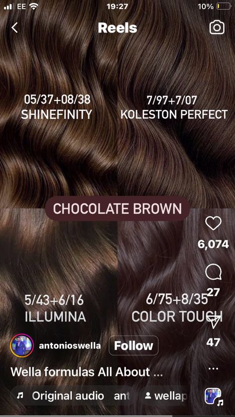 Rich Fall Brown Hair, Chocolate Brown Wella Formula, Hair Formulas Brown, Cherry Brown Hair Formula, Wella Brown Hair Color, Chocolate Brown Hair Formula Wella, Chocolate Hair Formula, Wella Brown Color Formulas, Chocolate Hair Color Formula