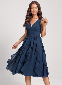 Low V Neck Dress, Summer Cocktail Dress, Chiffon Cocktail Dress, Satin Cocktail Dress, Cascading Ruffles, Cocktail Dress Wedding, Guest Attire, Wedding Attire Guest, Knee Length Dresses