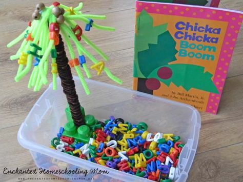 This Chicka Chicka Boom Boom sensory bin is a great way for toddlers and preschoolers to practice letter recognition and fine motor skills! Chicka Chicka Boom Boom Sensory, Chicka Chicka Boom Boom Preschool, Chicka Chicka Boom Boom Activities, Chicka Chicka Boom Boom, Chicka Chicka, Tree Study, Preschool Literacy, Creative Curriculum, Sensory Table