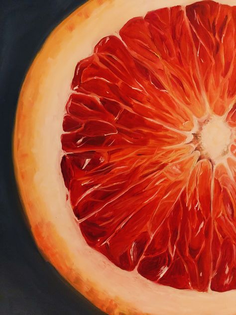 Oil painting of a blood orange on gesso board. Half Orange Drawing, Grapefruit Drawing, Orange Fruit Painting, Orange Art Painting, Half Drawing, Orange Oil Painting, Orange Acrylic Painting, Oil Painting Fruit, Fruit Oil Painting