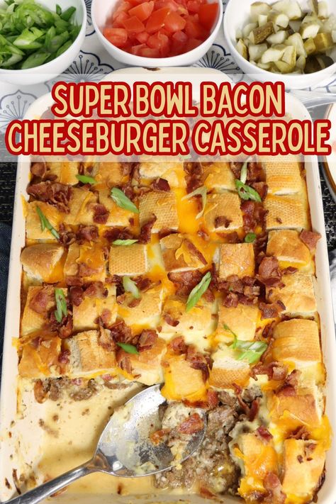 super bowl bacon cheeseburger casserole with scallions, tomatoes and pickles for toppings Super Bowl Casseroles, Bacon Cheeseburger Casserole, Best Dinner Ideas, Tomato Relish, Cheeseburger Casserole, Super Bowl Sunday, Bacon Cheeseburger, Best Dinner, Printable Recipe