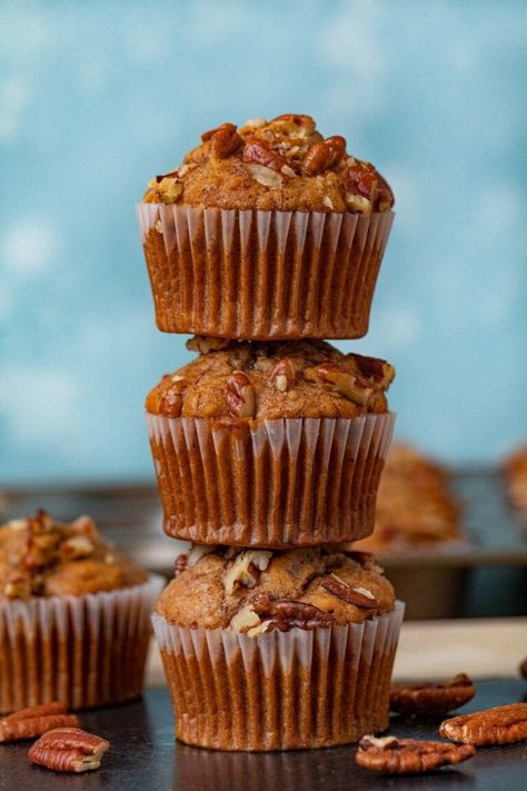 Honey Banana Muffins are tender, buttery, and sweet. Made with honey, bananas, warm spices like nutmeg and cinnamon, and with crunchy pecans throughout. #dessert #breakfast #muffins #bananas #bananamuffins #pecans #dinnerthendessert Honey Banana Muffins, Carrot Apple Muffins, Cinnamon Coffee Cake Muffins, Jumbo Blueberry Muffins, Apple Carrot Muffins, Paleo Banana Muffins, Moist Banana Muffins, Apple Muffin Recipes, Dinner Then Dessert