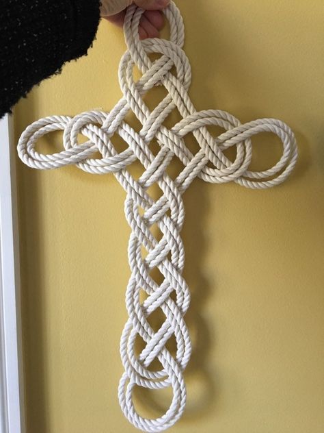 Large Rope Cross for Easter Wreath,  Wedding Ceremony Décor, Religious Christian Décor, Wall Décor, Natural White Nautical Sailor Cross, or Beach Wedding I knotted this lovely Celtic Sailor Cross in medium weight 100% natural cotton rope. It would be a lovely backdrop for your Wedding but also wonderful for your front door! (Because it is cotton, I would recommend it not be hung in a place where it will be repeatedly wet from rain!) A beautiful statement of faith anytime, it looks lovely on your Nautical Rope Decor Diy, Cross Wall Collage, Nautical Rope Crafts, Nautical Rope Decor, Wreath For Wedding, Rope Cross, Thoughtful Wedding Gifts, Rope Decor, Sewing To Sell