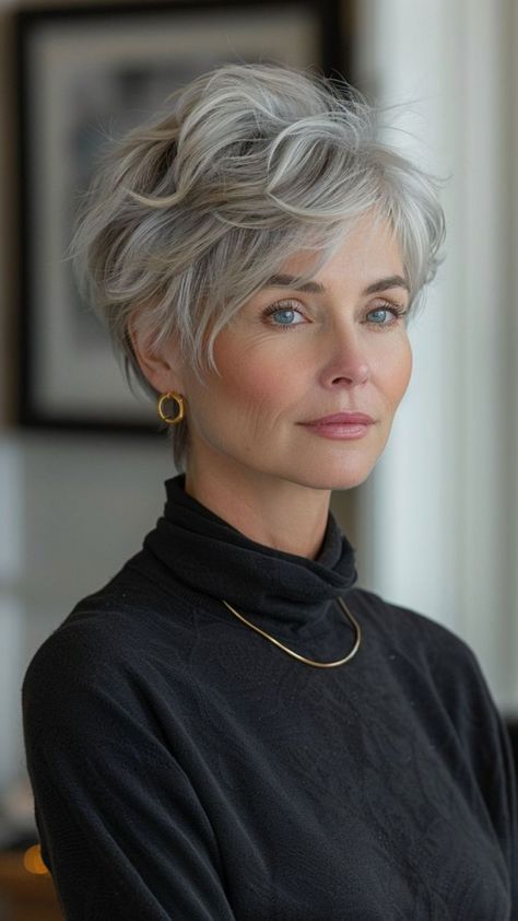 long pixie with side swept bangs for older women, short haircuts for women Pixie With Side Swept Bangs, Haircut With Wispy Bangs, Silver Pixie Cut, Bangs For Women Over 50, Bangs For Older Women, Long Pixie Haircut, Silver Pixie, Pixie Haircuts For Women, Longer Pixie Haircut