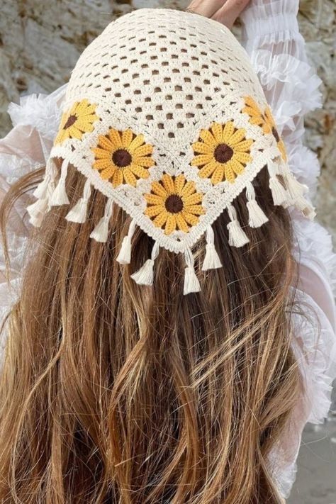 Crochet Sunflower Headband, Crochet Bandana Outfit, Hair Bandana Crochet, Crochet Bandana Headband, Emma Outfits, Crochet Bandanas, Tassel Headband, Crochet Kerchief, Crochet Pour Halloween