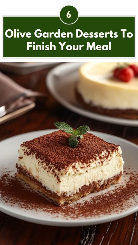 A slice of creamy tiramisu and a rich cheesecake on a plate, showcasing two of the best desserts to finish your meal at Olive Garden. Pumpkin Cheesecake Olive Garden, Tiramisu Recipe Olive Garden, Olive Garden Tiramisu Recipe, Olive Garden Dessert Recipes, Olive Garden Chocolate Lasagna, Chocolate Brownie Lasagna Olive Garden, Olive Garden Desserts, Garden Dessert, Tiramisu Recipe