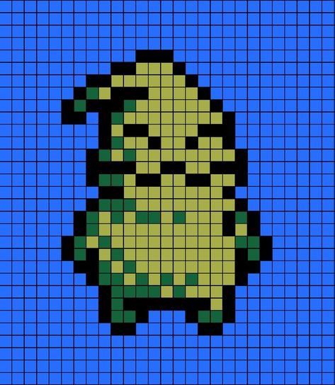 A pixel art template of Oogie Boogie (green) from Tim Burton's film, The Nightmare Before Christmas. Perler Beads Ideas Nightmare Before Christmas, Sally Perler Bead Patterns, Pixel Art Horror Character, Oogie Boogie Pixel Art, Perler Bead Nightmare Before Christmas, Minecraft Nightmare Before Christmas, Pixel Art Nightmare Before Christmas, Nightmare Before Christmas Perler Bead Patterns, Halloween Bead Patterns