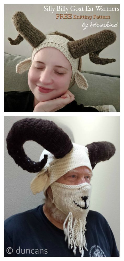 Silly Billy Goat Ear Warmers Free Knitting Pattern #freeknittingpattern #knittingpattern #earwarmersfreepattern Goat Hat Crochet Pattern, Loom Knitting Tutorial, Crochet Hats For Boys, Billy Goat, Silly Hats, Big Yarn, Simple Headbands, Crochet Scarf Pattern Free, Loom Knitting Patterns