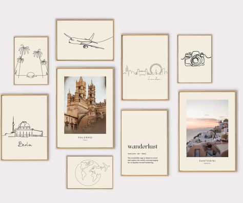 Travel gallery wall set of 20 PRINTABLES | home office decor | traveler gift | gallery wall set | travel Travel Photos Gallery Wall, Travel Inspired Office, Travel Bathroom Theme, Travel Photo Wall Ideas, Travel Room Decor, Travel Themed Bedroom, Travel Photo Wall, Travel Gallery Wall, Travel Inspired Decor