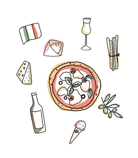 Doodle set of Italian dishes. Drawn icons of products of national Italian cuisine. Italian Doodles, Italy Doodles, Italy Sketches, Italy Drawing, Date Slice, Italian Icons, Rome Food, Drawn Icons, Dream Country