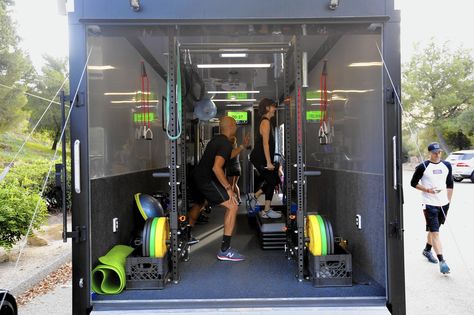 The G.I.T. Fit Mobile is a car-hauler rigged out as a moving gym. Call it over for a group workout. Workout Studio, College Workout, Gym Storage, Gym Lighting, Portable Gym, Home Gym Garage, Mini Gym, Small Gym, Basement Gym