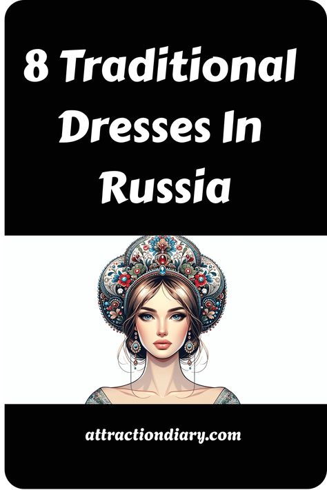 Illustration of a woman adorned with a traditional Russian headdress known as a kokoshnik, with text "8 Traditional Dresses in Russia". Traditional Dresses All Over The World, Russia Wedding Dress Traditional, Russian Traditional Clothing Women, Russian Cultural Clothing, Russia Traditional Clothes, Traditional Costumes Of The World, Russian Fashion Traditional, Prom Night Ideas, Russian Woman Aesthetic